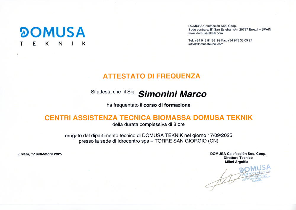 Domusa Teknik 17 settembre 2025 Attestato Simonini
