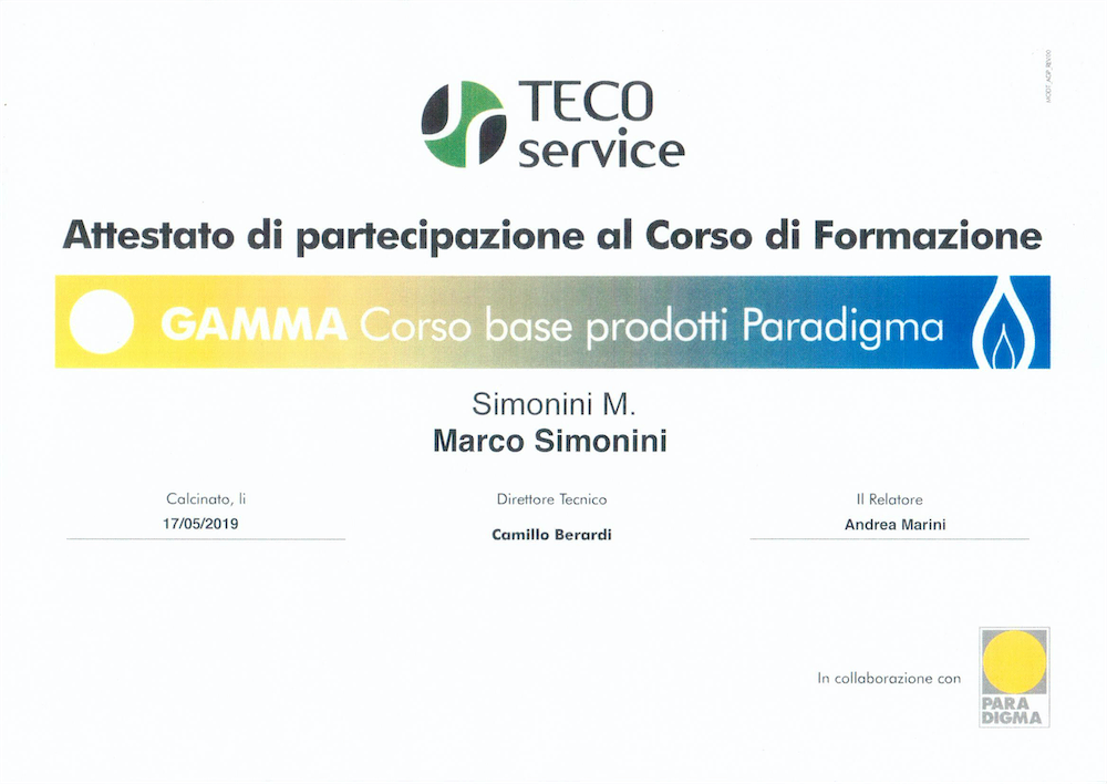 Attestato di partecipazione di Simonini Marco al corso di formazione base organizzato dalla ditta Teco Service-Paradigma il 17/5/2019