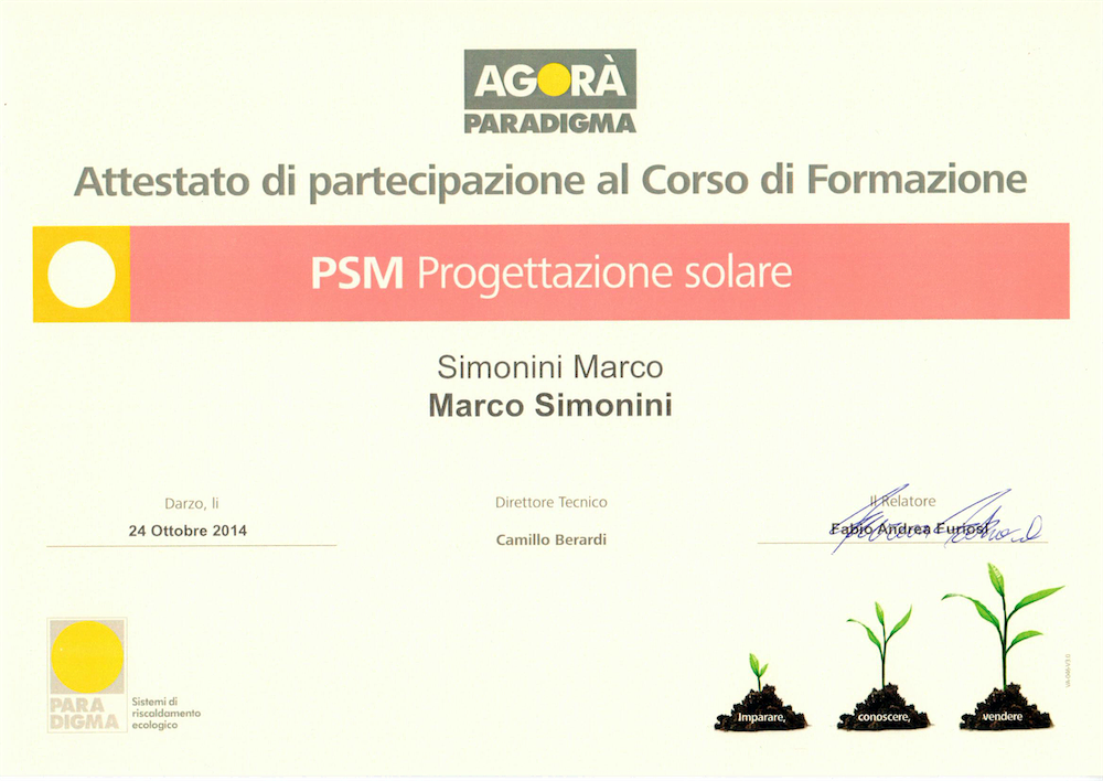 Attestato di partecipazione di Simonini Marco al corso di formazione sugli impianti solari organizzato dalla ditta Agorà-Paradigma il 24/10/2014