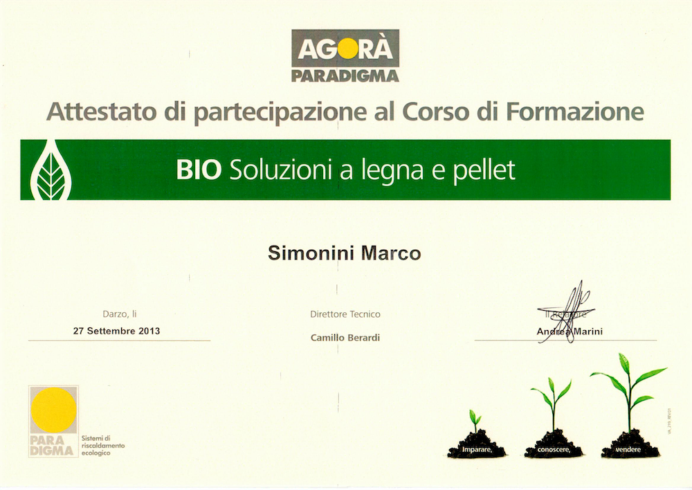 Attestato di partecipazione di Simonini Marco al corso di formazione sugli impianti a pellet organizzato dalla ditta Agorà-Paradigma il 27/9/2013