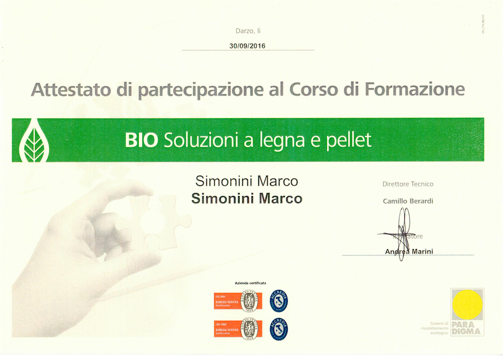 Attestato di partecipazione di Simonini Marco al corso di formazione sugli impianti a legna e pellet organizzato dalla ditta Paradigma il 30/9/2016