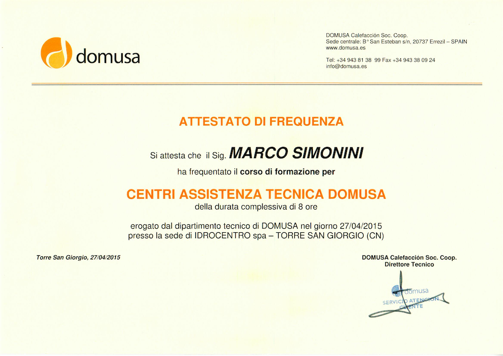 Attestato di partecipazione di Simonini Marco al corso di formazione sui centri assistenza tecnica Domusa il 27/4/2015