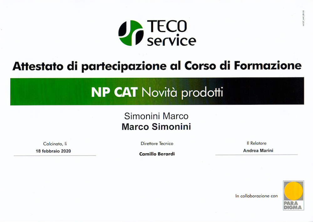 Attestato di partecipazione di Simonini Marco al corso di formazione organizzato dalla ditta TecoService-Paradigma 18/2/2020